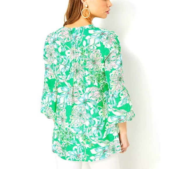 Lilly Pulitzer Hollie Spearmint Green Floral Linen Tunic Top - Picture 4 of 14